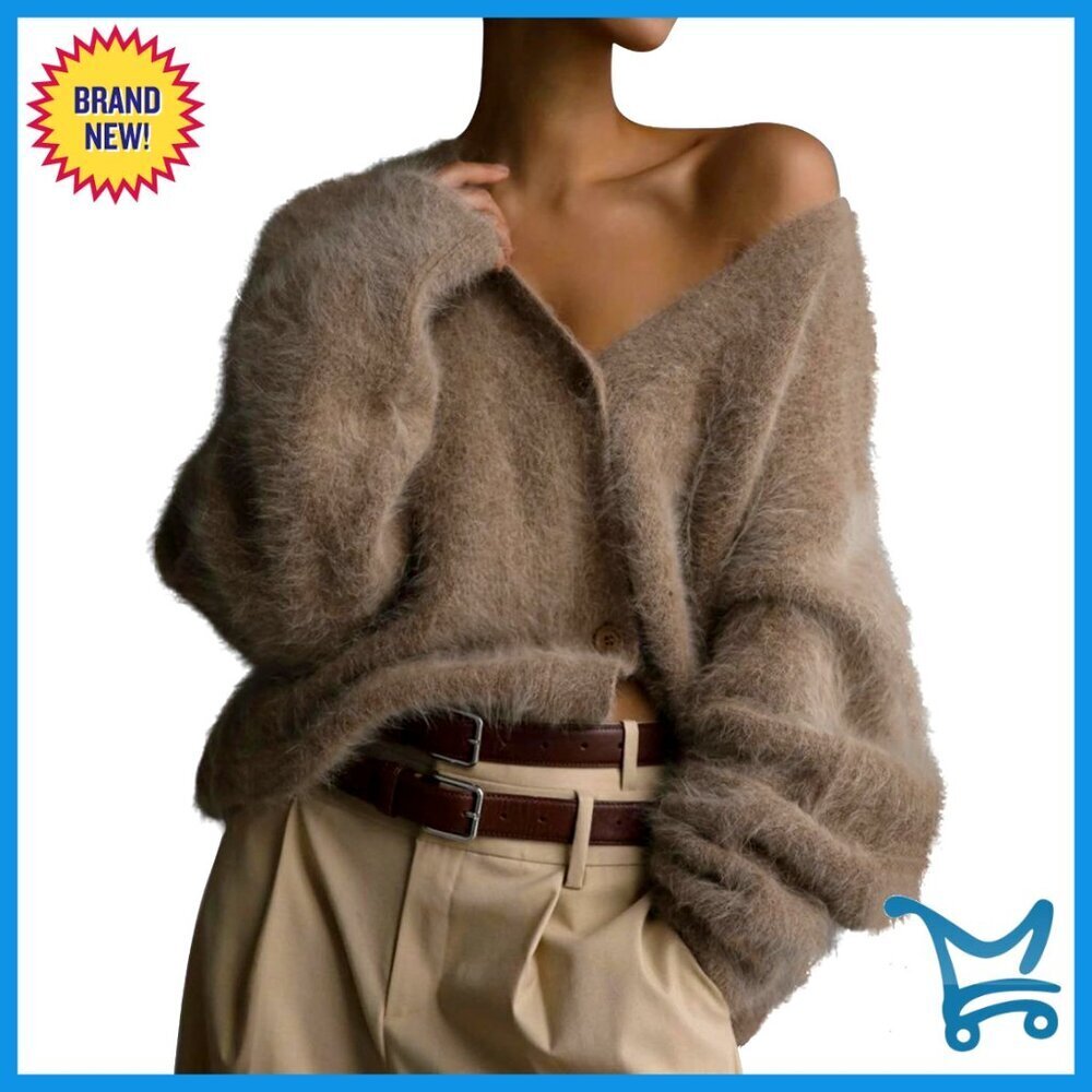 Fuzzy Cardigan Sweater V-Neck Button Down Soft Furry Top Slouchy Drop Shoulder